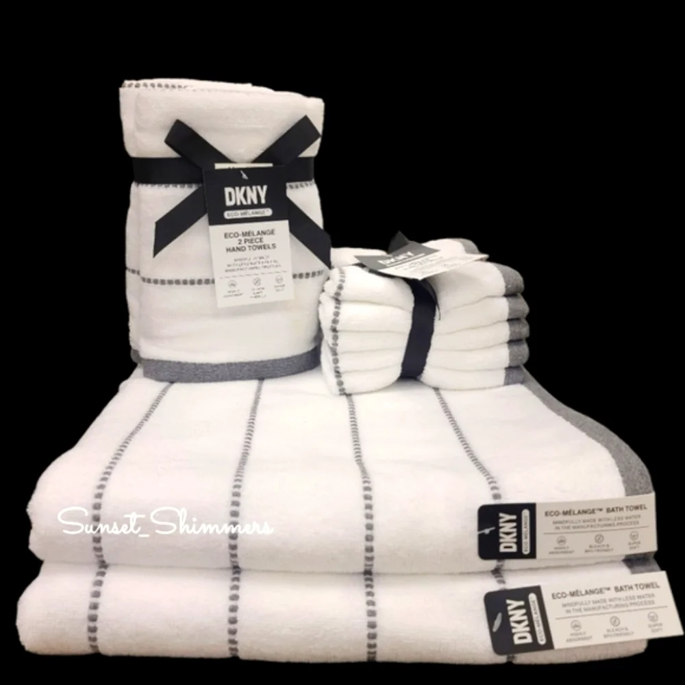 8pc DKNY White Dark Gray Dot Pin Stripe Bath / Hand / Washcloth Towel Set New